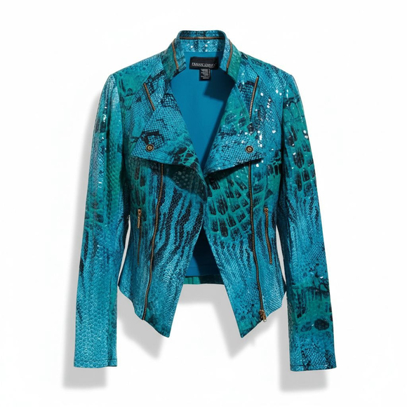 Frank Lyman Design Turquoise Python Snake Print Open Front Moto Jacket Gold Zips - Picture 3 of 14